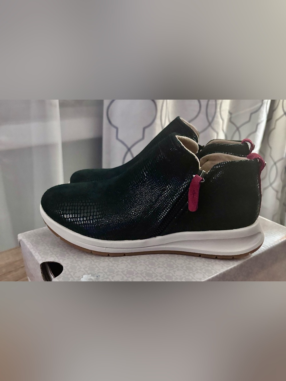 Reverse Black Slip-On Ankle Booties with Pink Pull Tabs